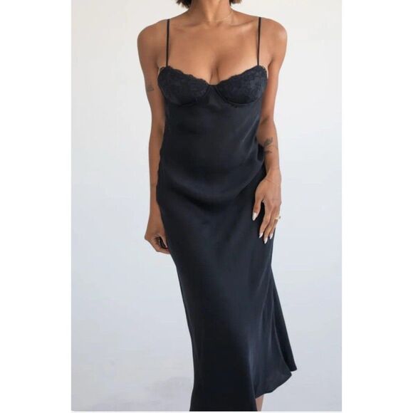 Rumored NWT Women Negroni Black Bamboo Printed Satin Slip Dress Elegant Medium - Picture 2 of 12